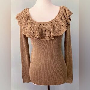 RALPH LAUREN Gold Metallic Ribbed Ruffled Sweater